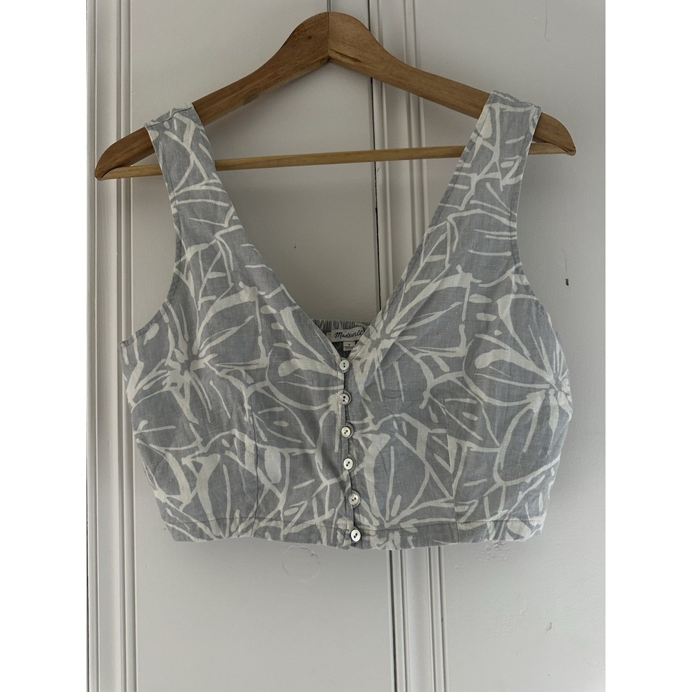 Madewell Women's Linen Blend Crop Top Size 2 Blue Gray‎ Floral Button Front Tank